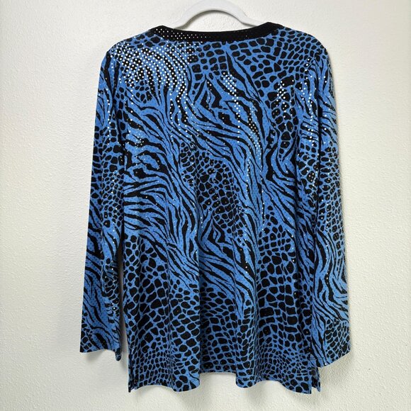 Susan Graver Liquid Knit Tunic Top Size M Blue Animal Print Sparkles 3/4 Sleeve - Picture 3 of 13